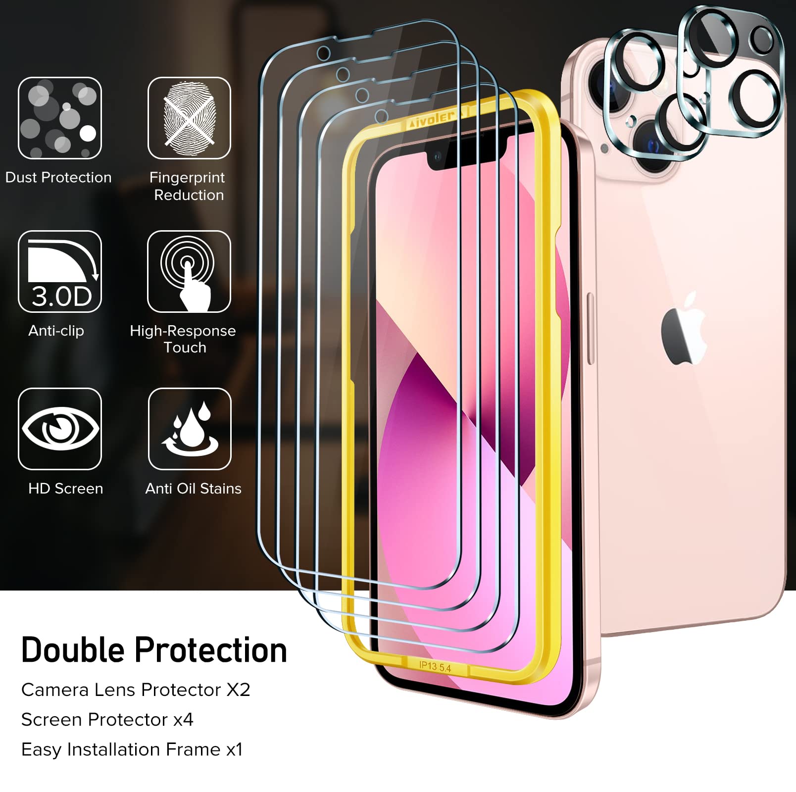 ivoler ivoler [4+2 Pack] Tempered Glass for iPhone 13 6.1 inch [4 Pack] with [2 Pack] Camera Lens Screen Protector with [Alignment Frame], Anti-Scratch Case - View 6 of 8