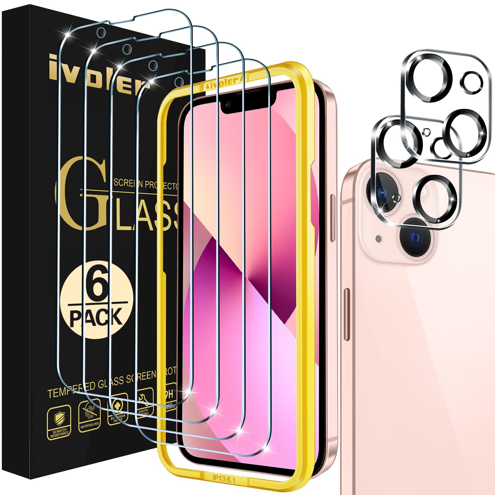 ivoler ivoler [4+2 Pack] Tempered Glass for iPhone 13 6.1 inch [4 Pack] with [2 Pack] Camera Lens Screen Protector with [Alignment Frame], Anti-Scratch Case
