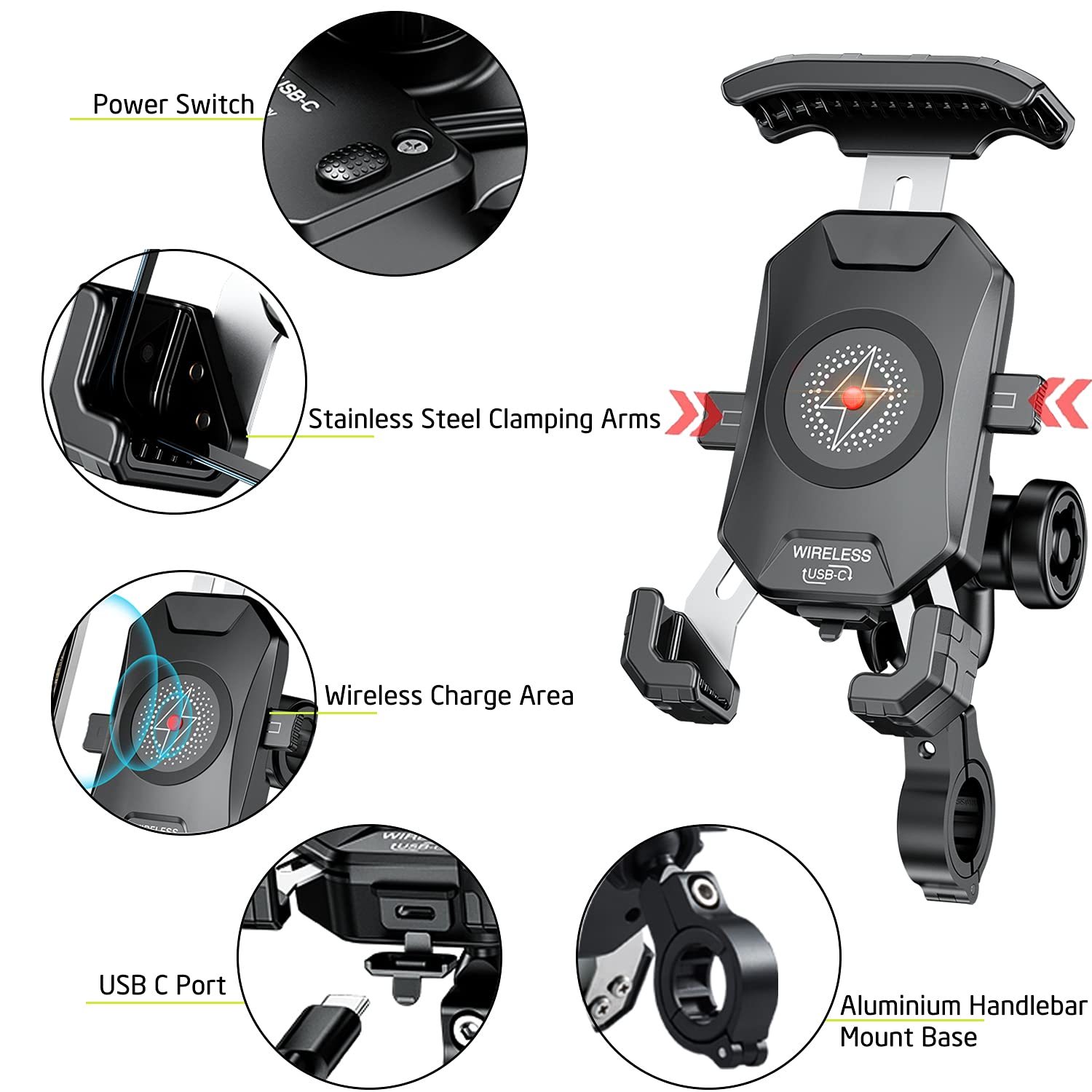 iMESTOU iMESTOU Anti-Theft Motorcycle Wireless Phone Mount Charger 15W and USB C 3A Handlebar 1" Ball Phone Holder Works with 12V 24V Vehicle USB A Socket - View 5 of 8