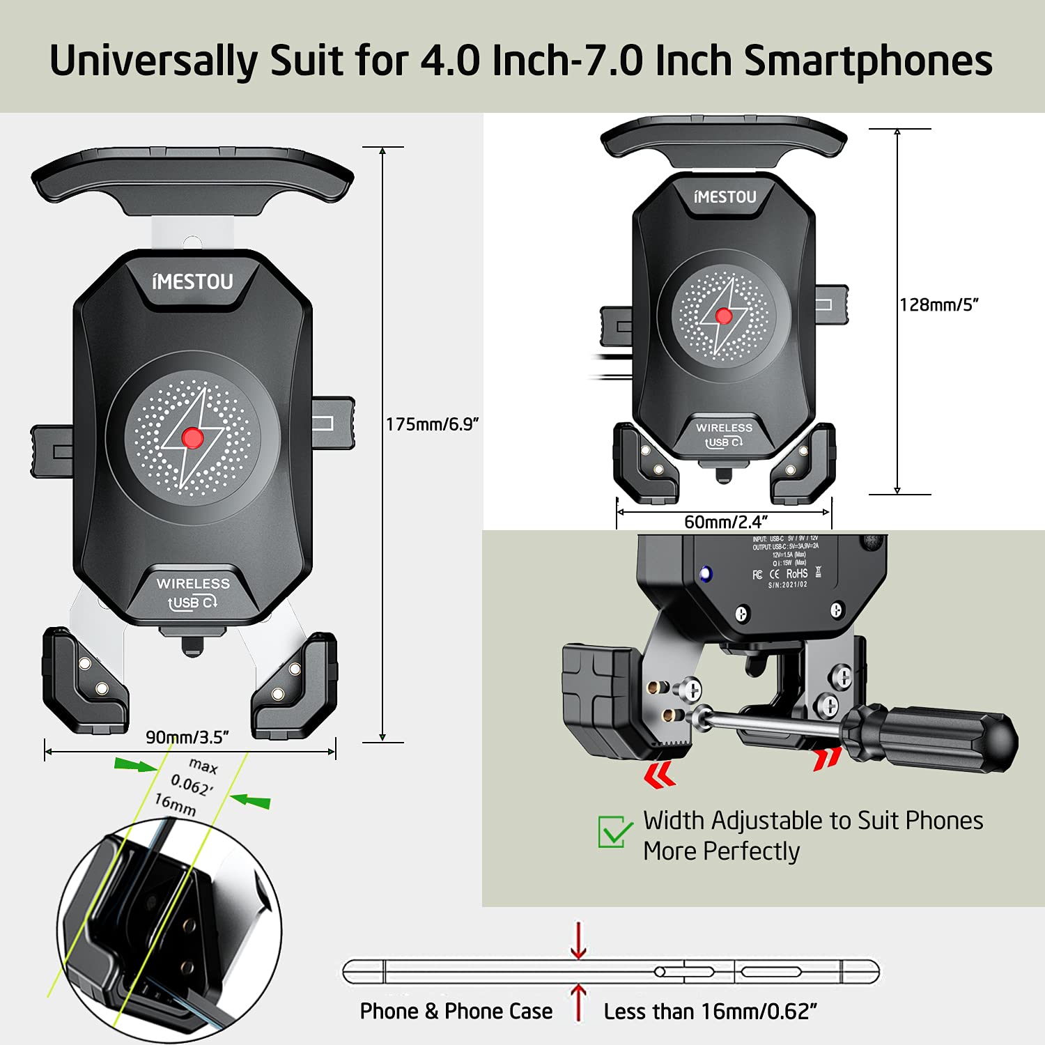iMESTOU iMESTOU Anti-Theft Motorcycle Wireless Phone Mount Charger 15W and USB C 3A Handlebar 1" Ball Phone Holder Works with 12V 24V Vehicle USB A Socket - View 6 of 8