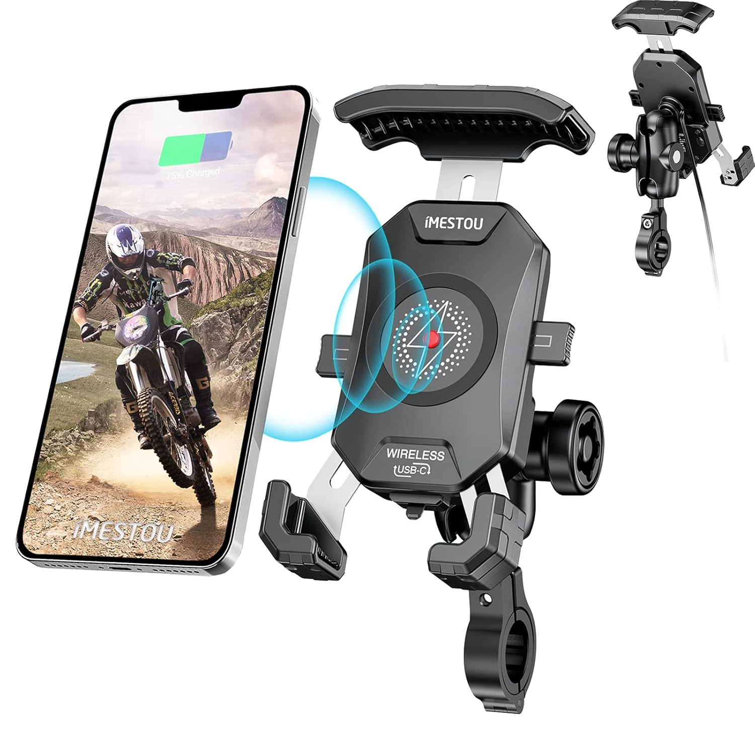 iMESTOU iMESTOU Anti-Theft Motorcycle Wireless Phone Mount Charger 15W and USB C 3A Handlebar 1" Ball Phone Holder Works with 12V 24V Vehicle USB A Socket