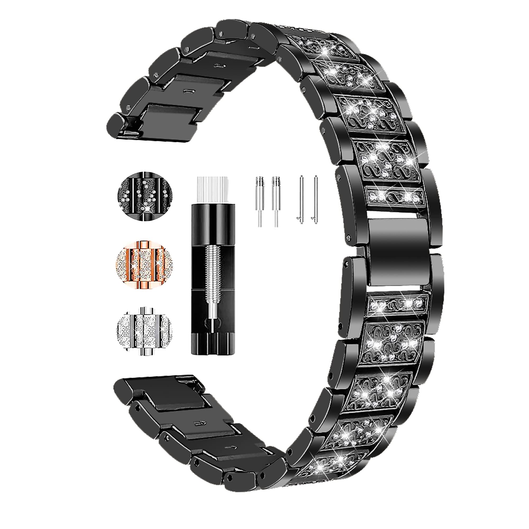 FitTurn Jewelry Bands for Letscom Letsfit Lintelek Yamay Watch Diamond Rhinestone Bracelet Metal Strap Adjustment Tool Black