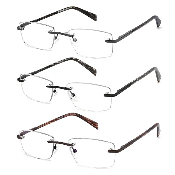 JJWELL JJWELL 3 Pack Lightweight Rimless Reading Glasses for Men Blue Light Blocking Anti Eyestrain UV 400 Spring Hinge Eyeglasses 200 Strength