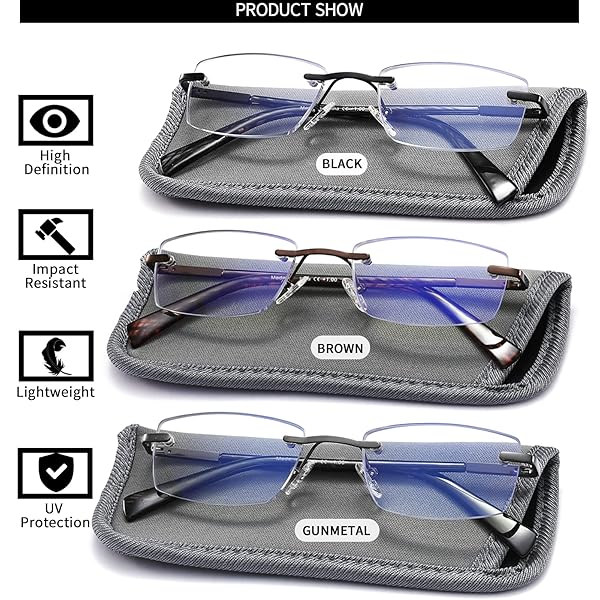 JJWELL JJWELL 3 Pack Lightweight Rimless Reading Glasses for Men Blue Light Blocking Anti Eyestrain UV 400 Spring Hinge Eyeglasses 100 Strength - View 3 of 8