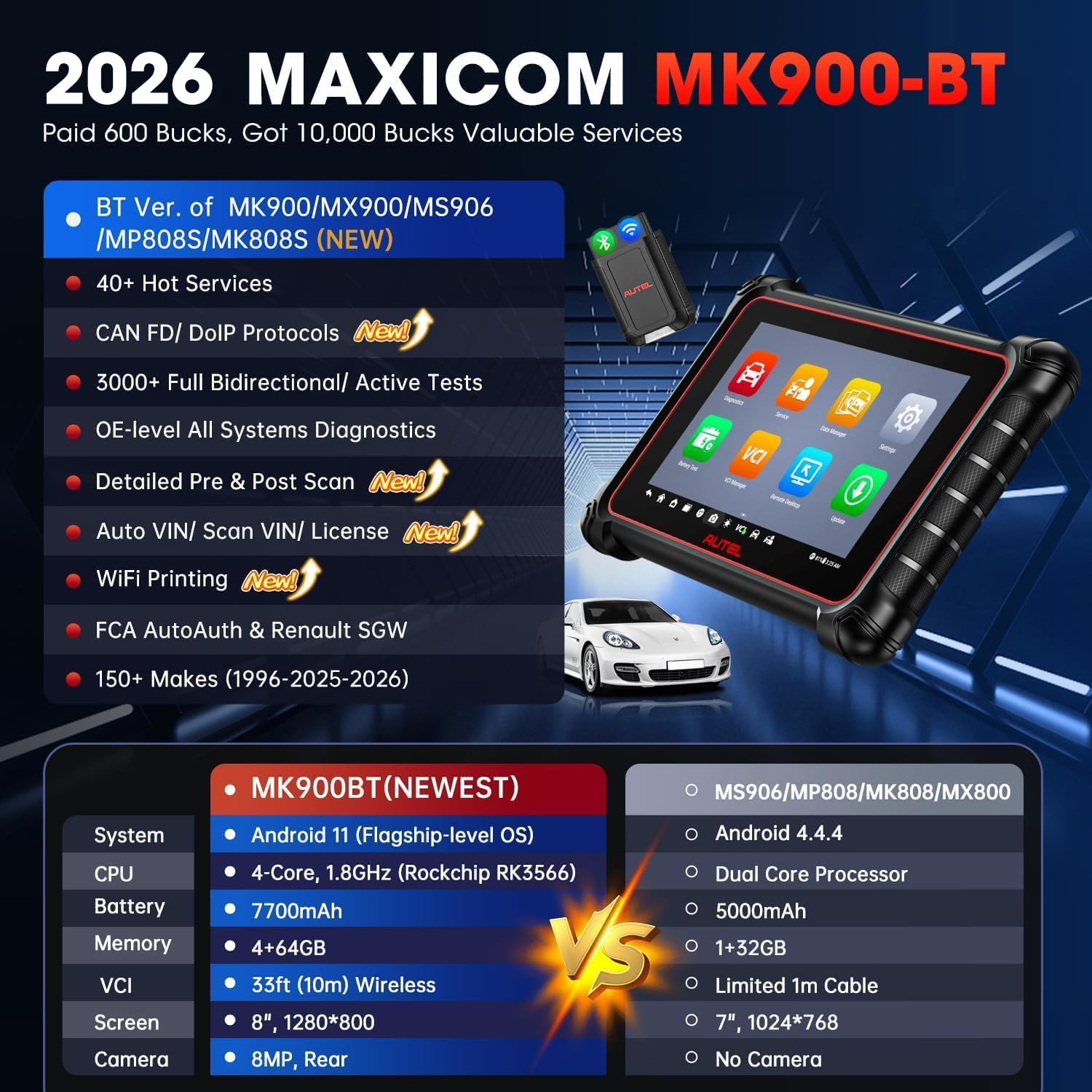 Autel Autel Scanner MaxiCOM MK900BT, 2025 MK900-BT Bidirectional Diagnostic Scan Tool, 2.0 BT Ver. of MK900 MX900, 8in Up of MK808S MK808BT PRO MX808S - View 2 of 9