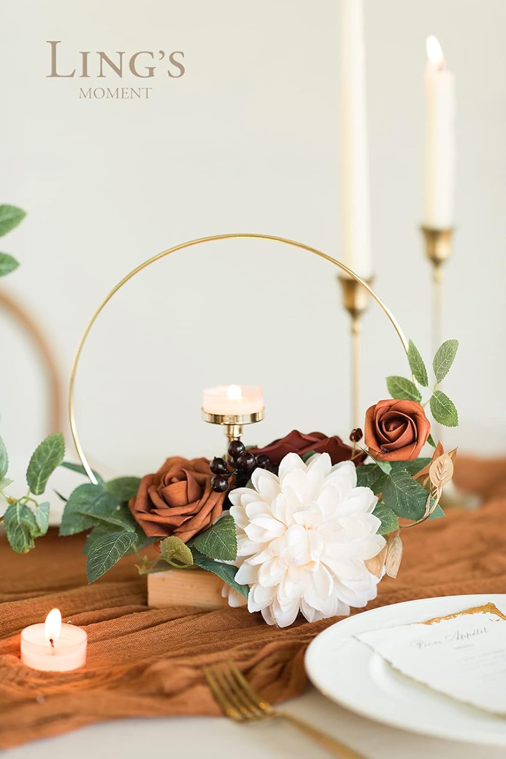 Ling's moment Ling's moment Candle Holder Hoop Terracotta Wreath Floral Centerpieces for Sweetheart Table, Head Table, Ceremony Reception Artificial Flowers - View 4 of 5