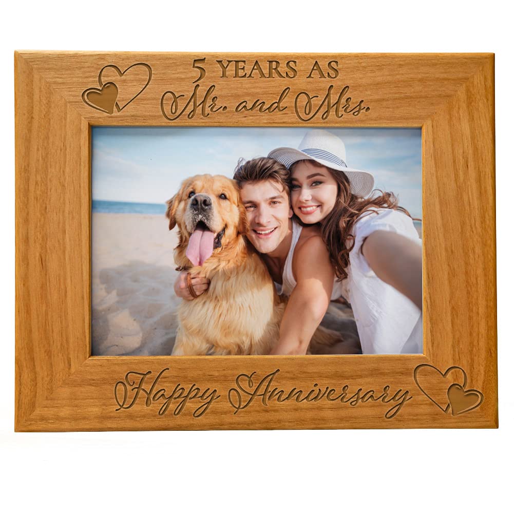 Our 5th Wedding Anniversary Picture Frame - 5 Year Anniversary, 5 Year of Marriage, Engraved Natural Wood Photo Frame Fits a 5x7 Horizontal Portrait,