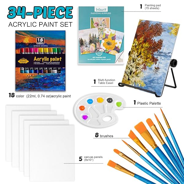 Inburit Inburit Art Paint Set for Kids with Canvas Panels Brushes Acrylic Paints and Easel Ideal for Students Beginners and Creative Fun - View 3 of 9
