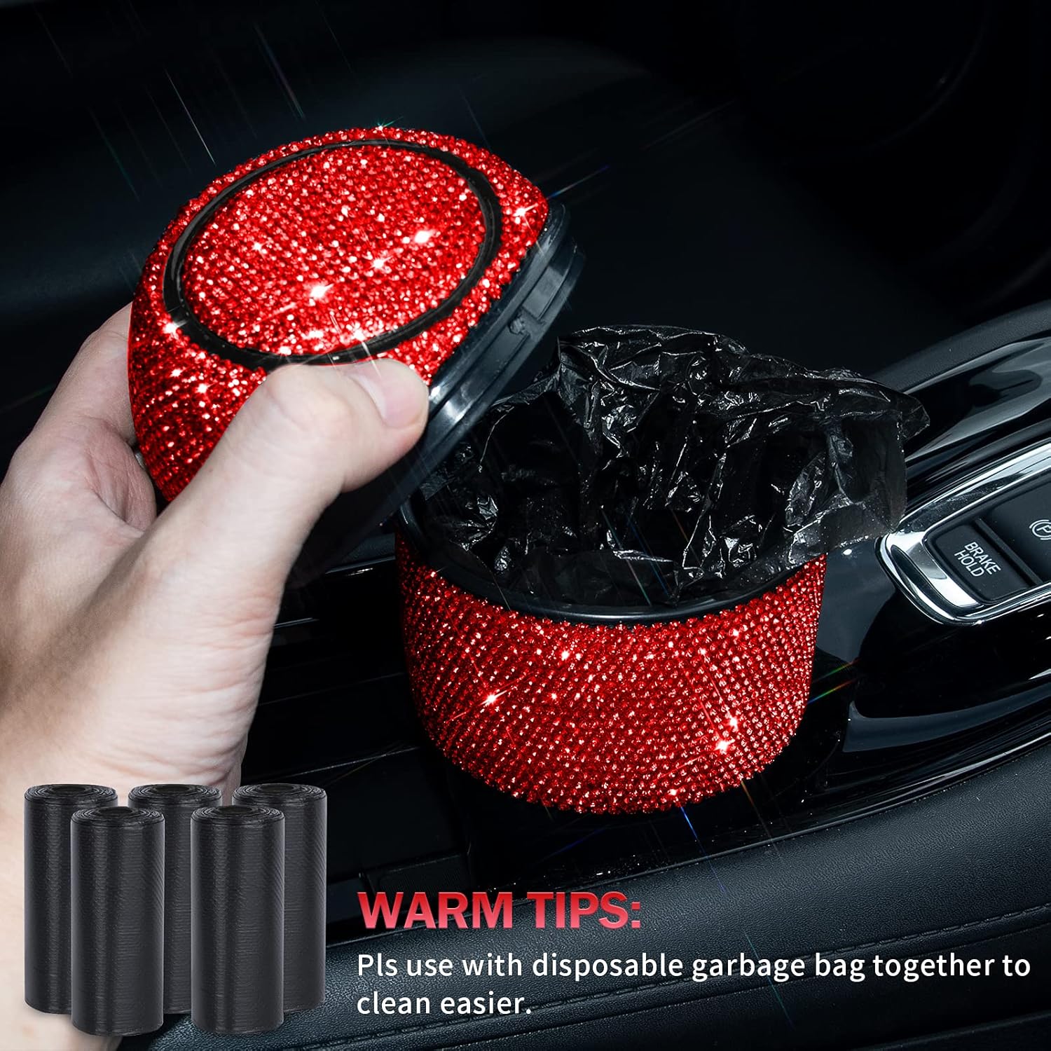 eing eing Car Trash Can Bling Crystal Auto Mini Trash Bin for Car Office Home Women,Car Cup Holder Garbage Can with Lid and 5 Pack Disposable Garbage Gag, - View 4 of 7