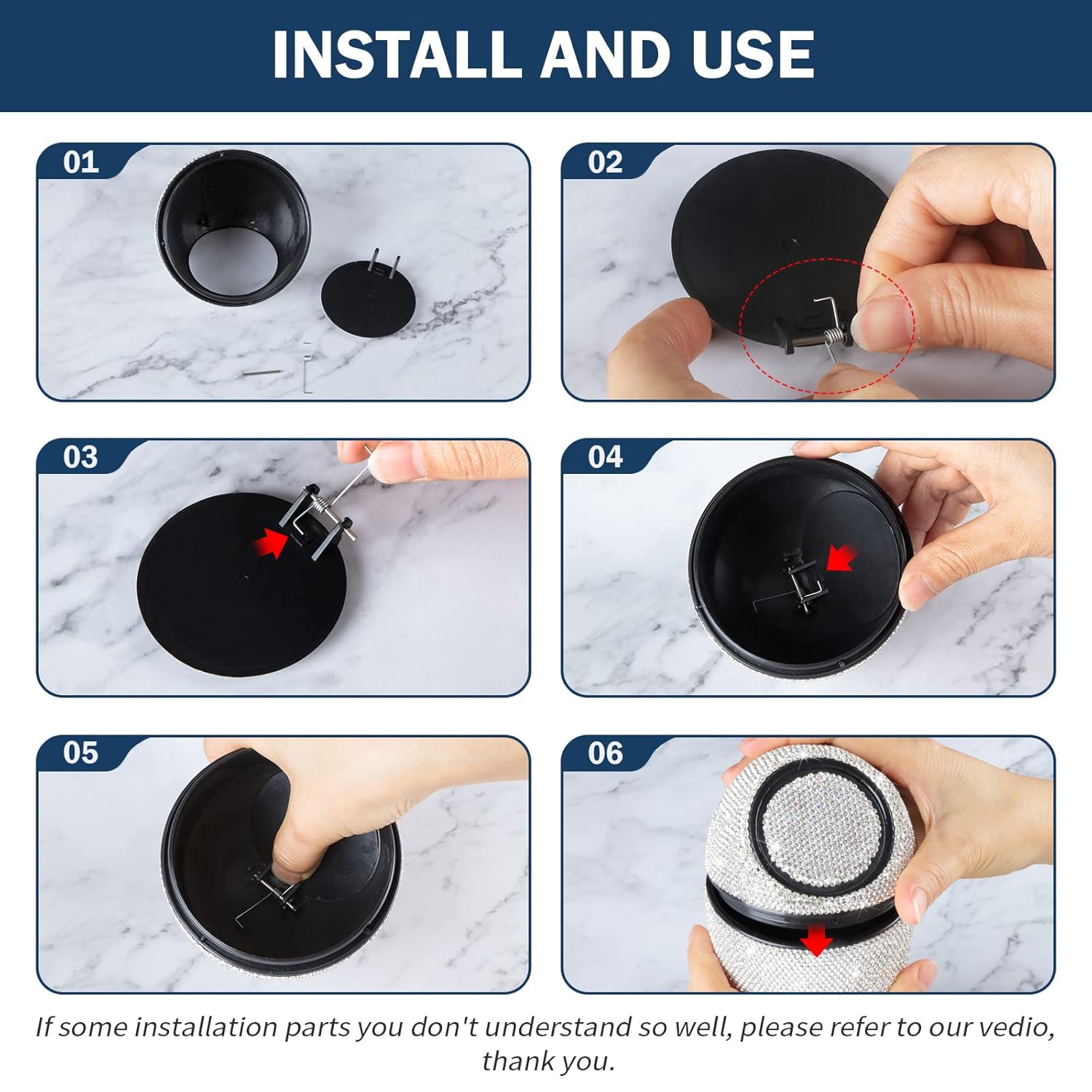 eing eing Car Trash Can Bling Crystal Auto Mini Trash Bin for Car Office Home Women,Car Cup Holder Garbage Can with Lid and 5 Pack Disposable Garbage Gag, - View 7 of 7