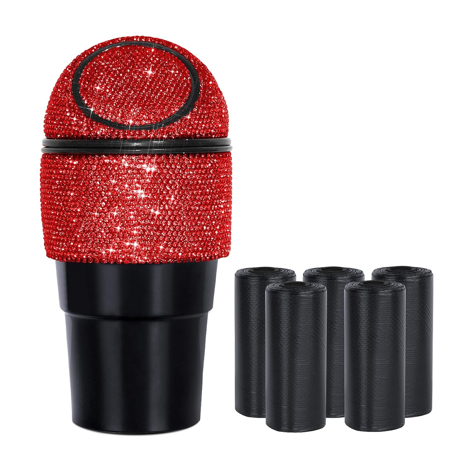 eing Car Trash Can Bling Crystal Auto Mini Trash Bin for Car Office Home Women,Car Cup Holder Garbage Can with Lid and 5 Pack Disposable Garbage Gag,