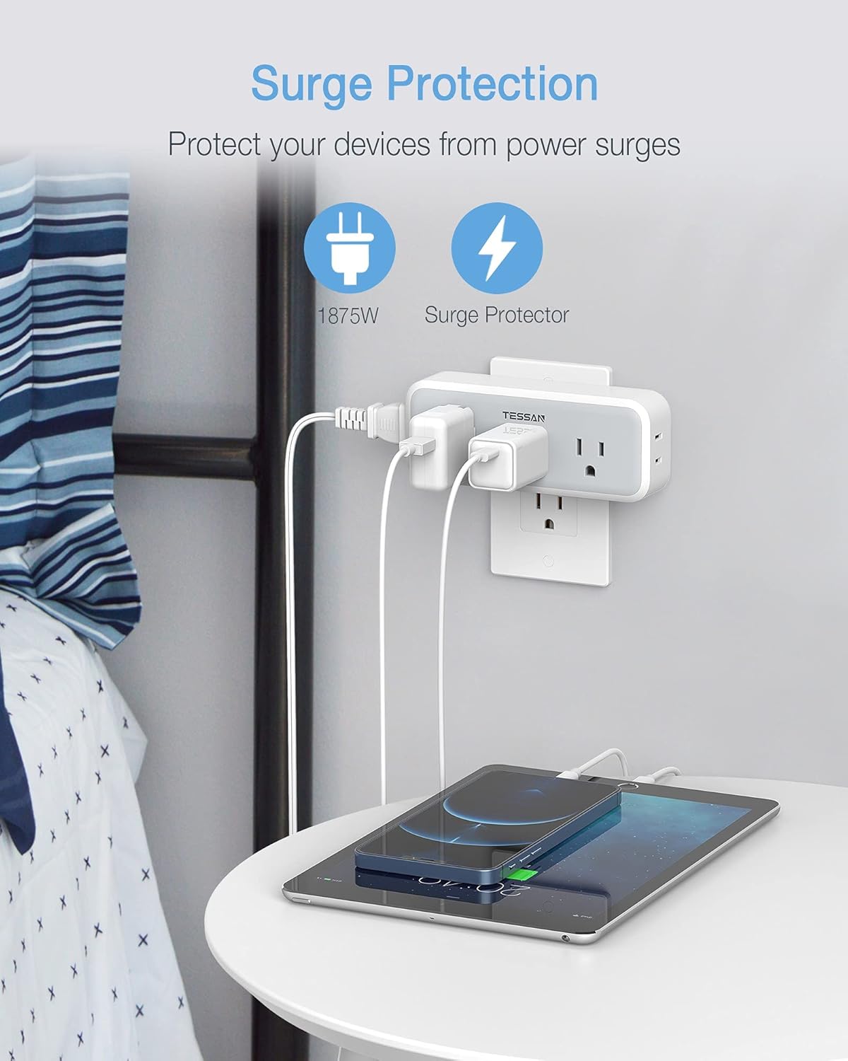 TESSAN Multi Plug Outlet Extender, TESSAN Surge Protector Wall Plug Splitter with 5 Electrical Outlet Expander, Multiple Plug Adapter for Travel Home Office - View 4 of 6