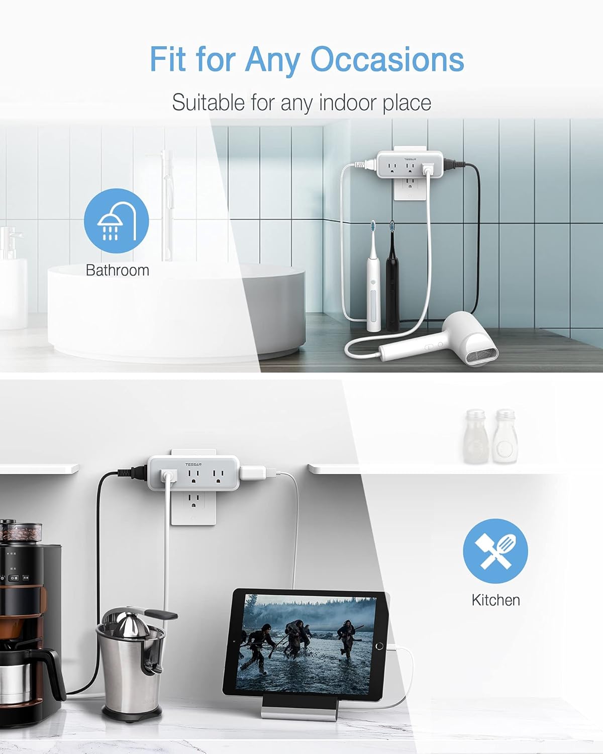 TESSAN Multi Plug Outlet Extender, TESSAN Surge Protector Wall Plug Splitter with 5 Electrical Outlet Expander, Multiple Plug Adapter for Travel Home Office - View 6 of 6