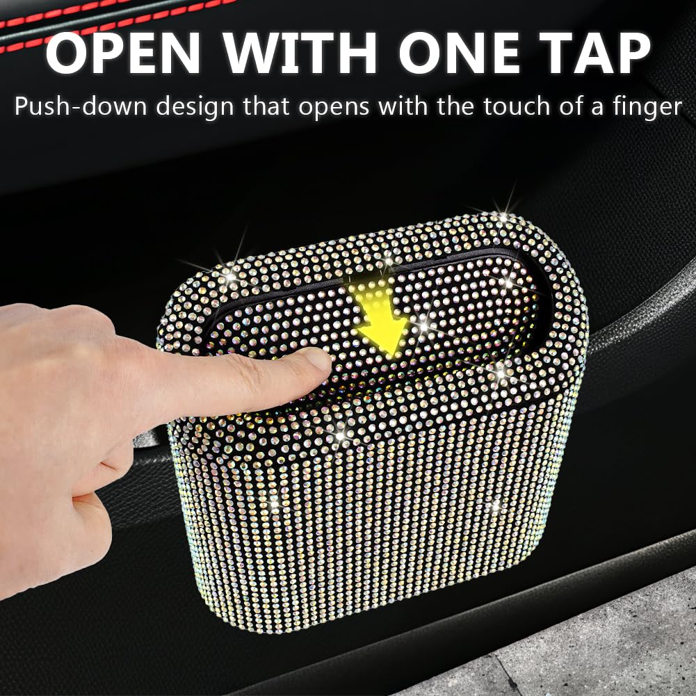 eing eing Car Trash Can with Lid, Bling Crystal Mini Vehicle Trash Bin Car Dustbin Garbage Organizer, Automotive Garbage Can Bin Trash Container for Auto - View 2 of 9
