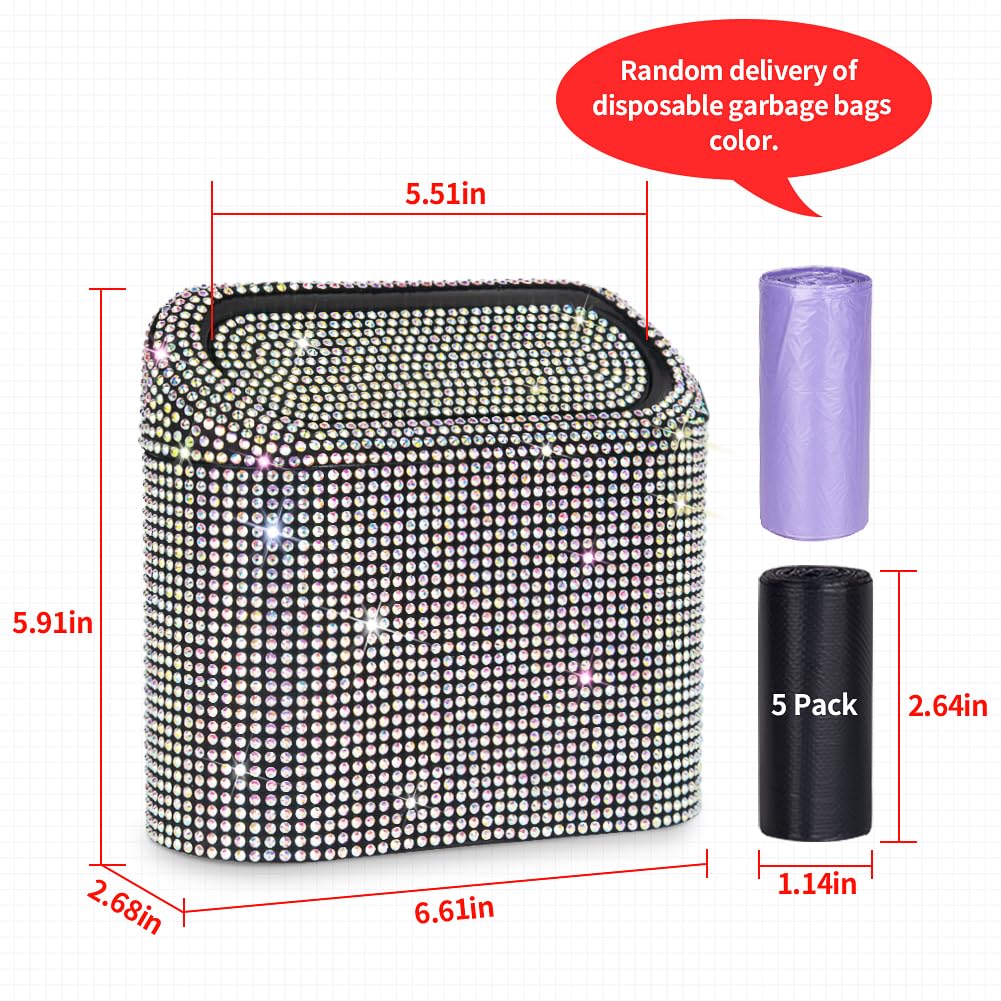 eing eing Car Trash Can with Lid, Bling Crystal Mini Vehicle Trash Bin Car Dustbin Garbage Organizer, Automotive Garbage Can Bin Trash Container for Auto - View 6 of 9