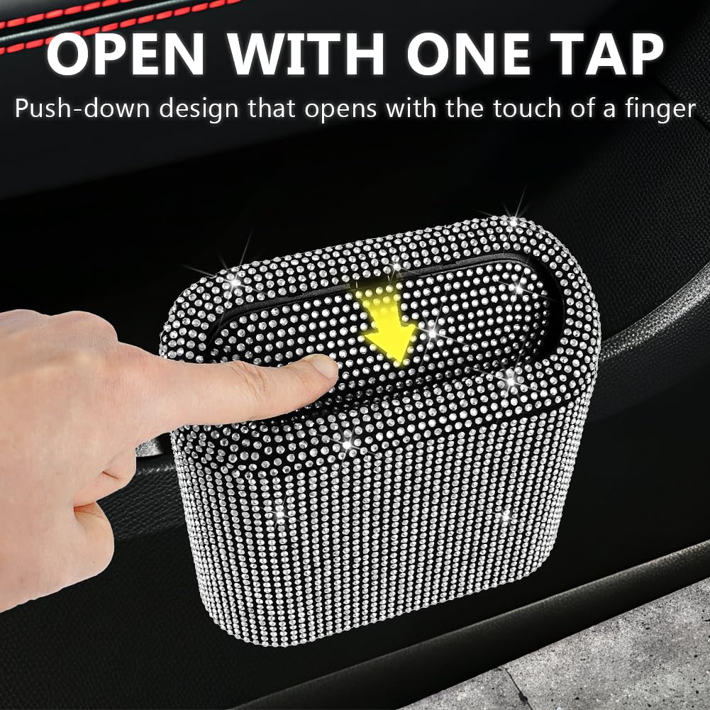 eing Bling Crystal Car Trash Can with Lid Mini Vehicle Garbage Organizer for Auto Home Office White - View 2 of 9
