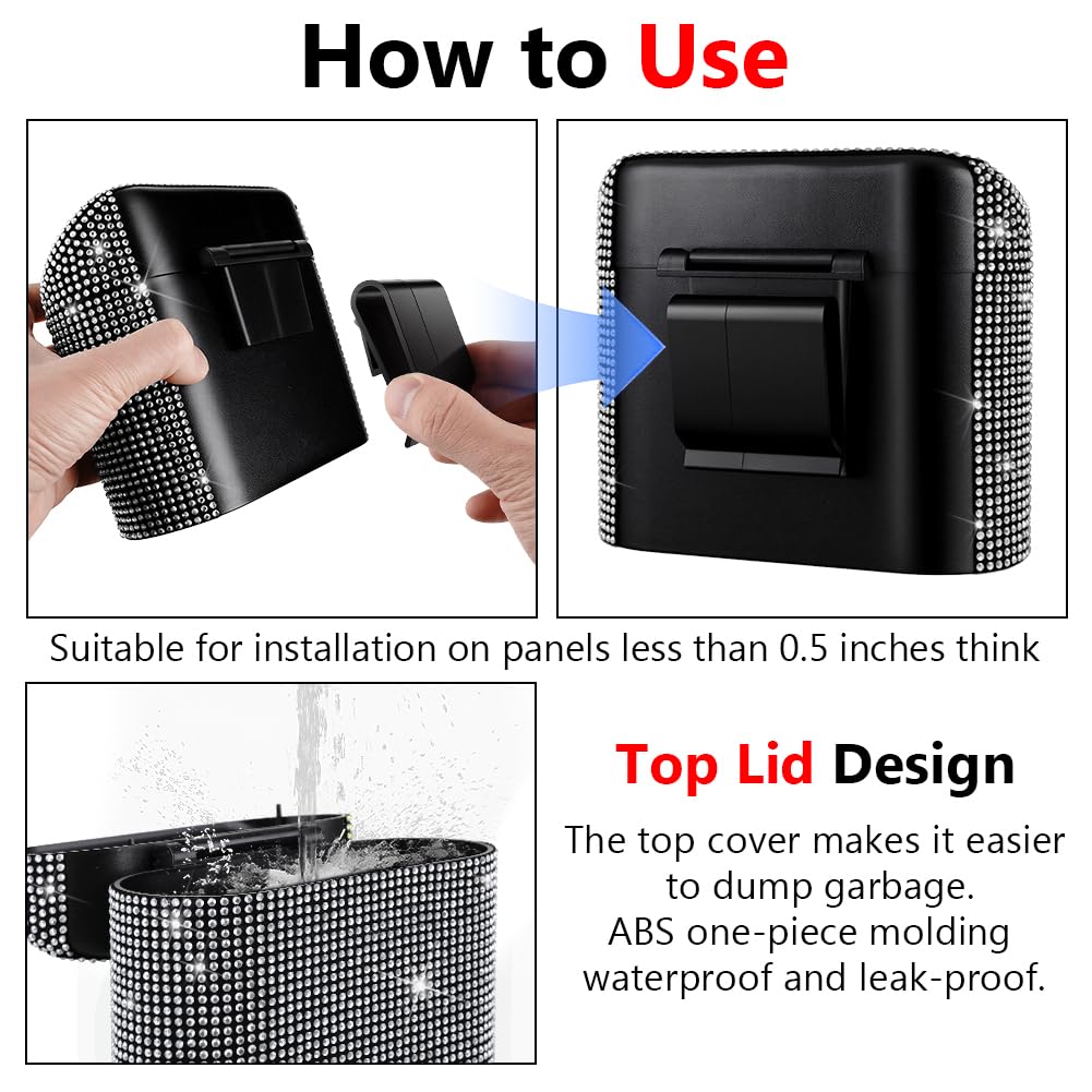 eing Bling Crystal Car Trash Can with Lid Mini Vehicle Garbage Organizer for Auto Home Office White - View 3 of 9