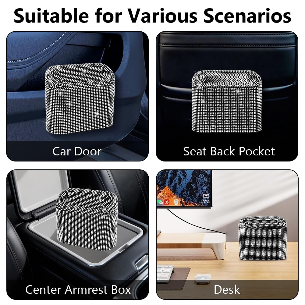 eing Bling Crystal Car Trash Can with Lid Mini Vehicle Garbage Organizer for Auto Home Office White - View 4 of 9