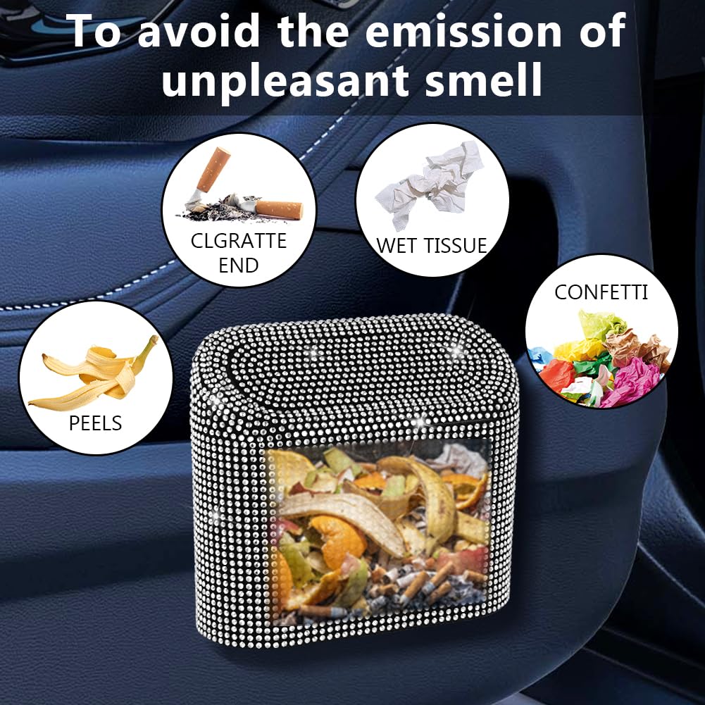 eing Bling Crystal Car Trash Can with Lid Mini Vehicle Garbage Organizer for Auto Home Office White - View 5 of 9