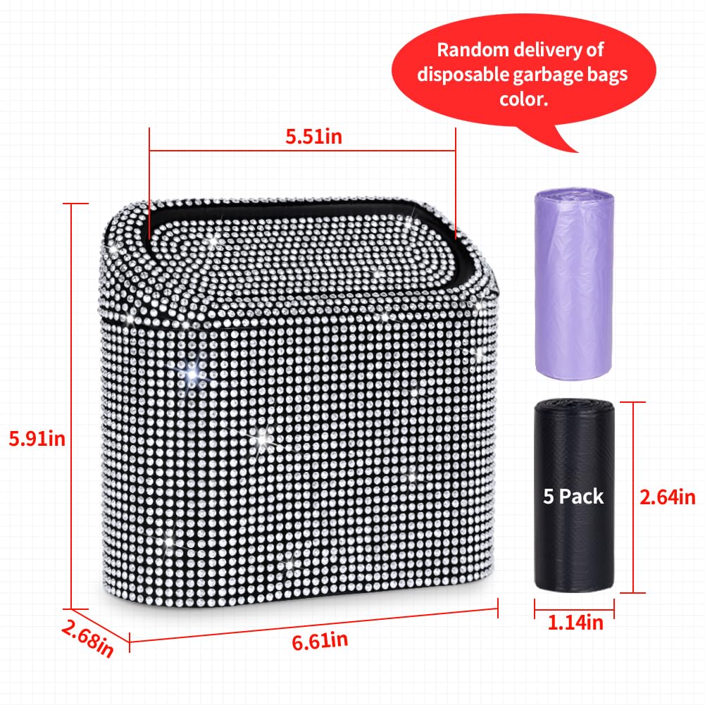 eing Bling Crystal Car Trash Can with Lid Mini Vehicle Garbage Organizer for Auto Home Office White - View 6 of 9