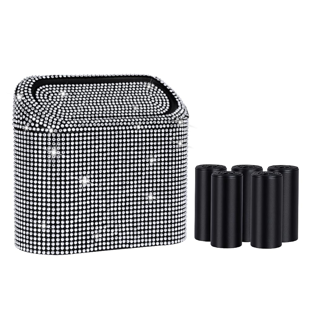 Bling Crystal Car Trash Can with Lid Mini Vehicle Garbage Organizer for Auto Home Office White