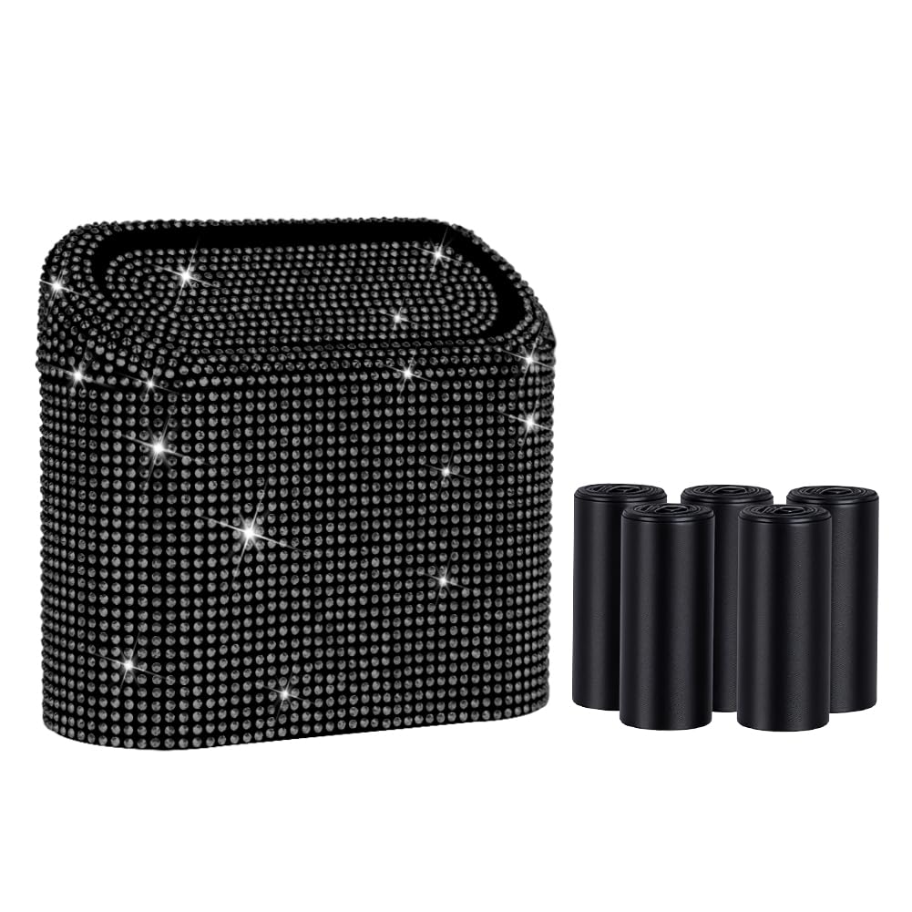 Bling Crystal Car Trash Can with Lid Mini Vehicle Garbage Organizer for Auto Home Office Black
