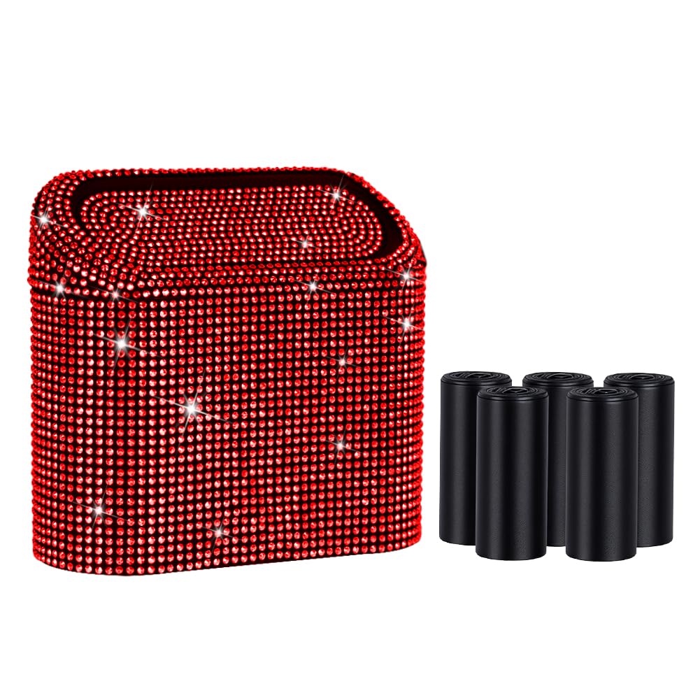 Bling Crystal Car Trash Can with Lid Mini Vehicle Garbage Organizer for Auto Home Office Red