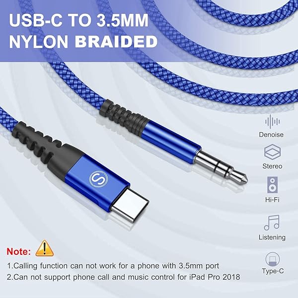 sweguard USB C to 3.5mm Audio Aux Cable 4ft 2-Pack for iPad Pro Samsung Galaxy Pixel LG Moto Phones Blue - View 5 of 8