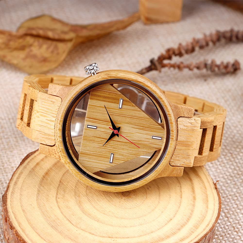Tiong Tiong Triangle Wood Watch for Men Creative Hollow Dial Full Wooden Quartz Watch Vintage Natural Mens Unique Inverted Geometric Wood Wrist Watch - View 3 of 7