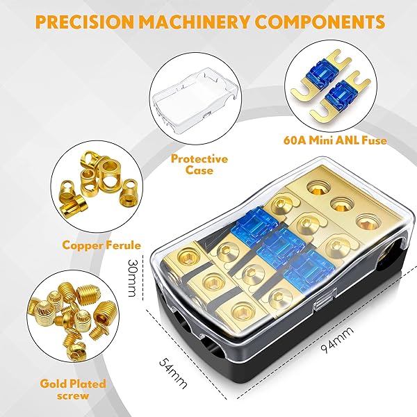 BULVACK BULVACK 3 Way Mini ANL Fuse Holder for Car Truck Boat Audio 60 Amp Fuse Distribution Block Copper 0/2/4 Gauge to 4/6/8 Gauge - View 4 of 8