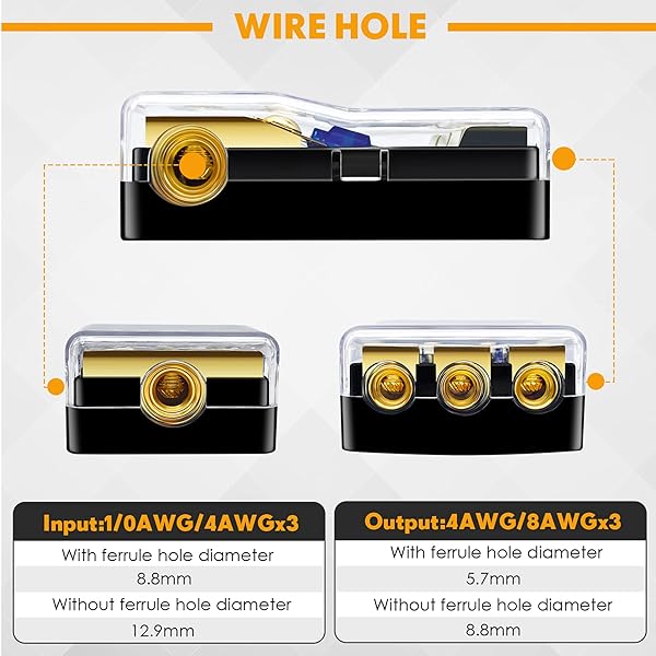 BULVACK BULVACK 3 Way Mini ANL Fuse Holder for Car Truck Boat Audio 60 Amp Fuse Distribution Block Copper 0/2/4 Gauge to 4/6/8 Gauge - View 6 of 8
