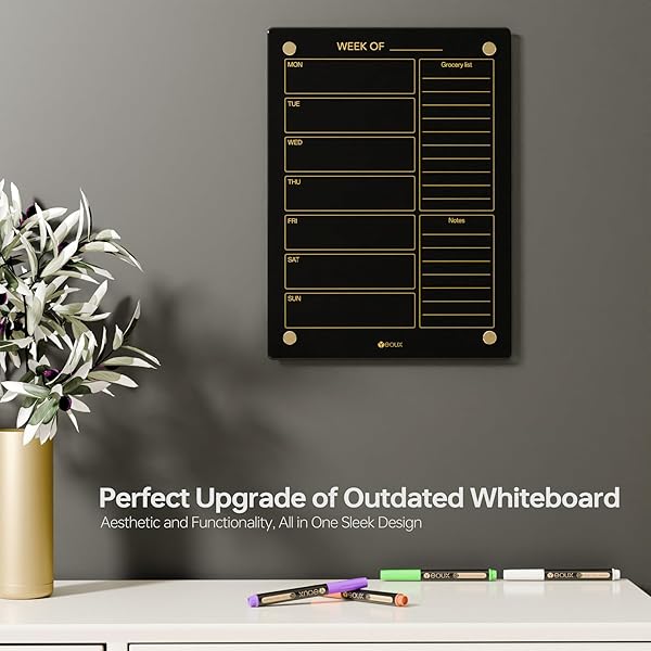 YEOUX Black Glass Golden Weekly Dry Erase Calendar and Menu Whiteboard for Kitchen and Home with 4 Wet Erase Markers 15x11 Yeoux - View 3 of 8