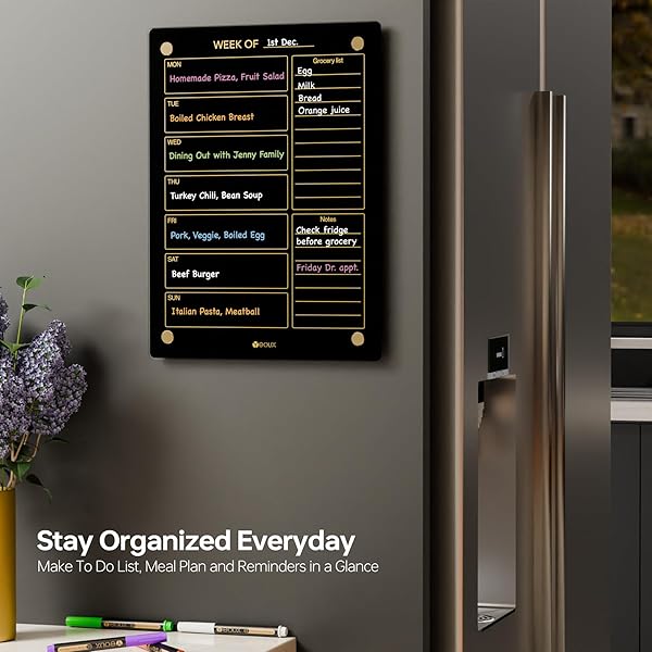 YEOUX Black Glass Golden Weekly Dry Erase Calendar and Menu Whiteboard for Kitchen and Home with 4 Wet Erase Markers 15x11 Yeoux - View 4 of 8