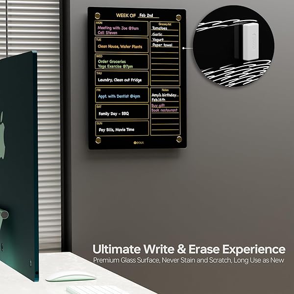 YEOUX Black Glass Golden Weekly Dry Erase Calendar and Menu Whiteboard for Kitchen and Home with 4 Wet Erase Markers 15x11 Yeoux - View 5 of 8