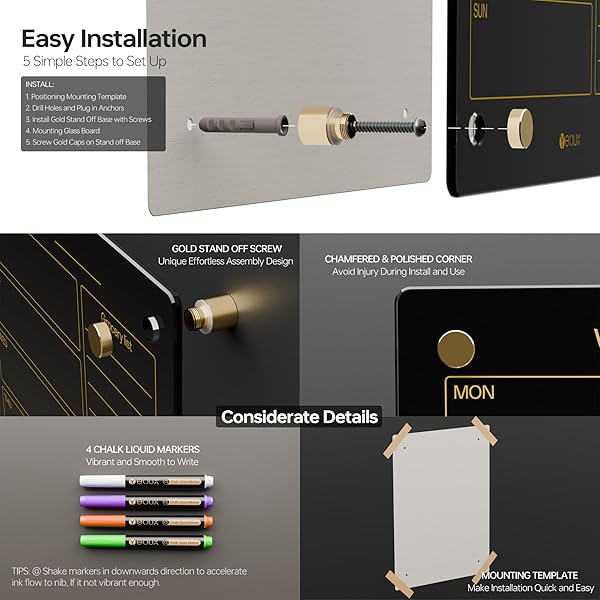 YEOUX Black Glass Golden Weekly Dry Erase Calendar and Menu Whiteboard for Kitchen and Home with 4 Wet Erase Markers 15x11 Yeoux - View 6 of 8