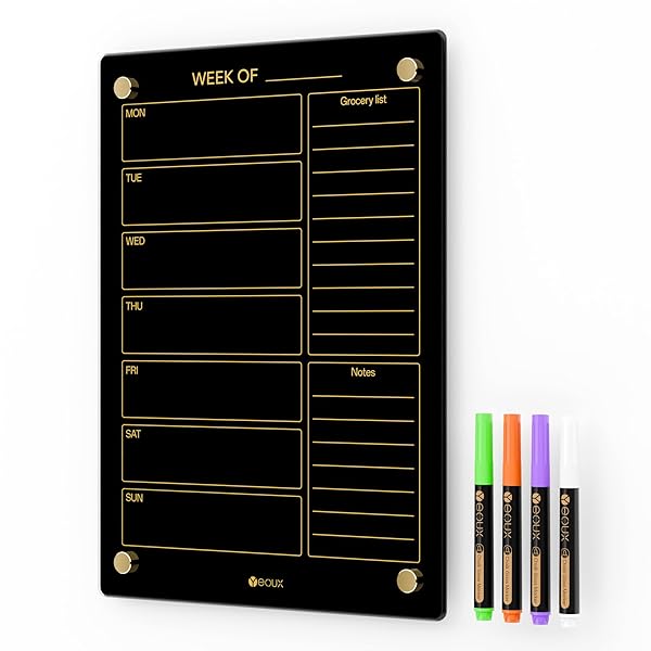 YEOUX Black Glass Golden Weekly Dry Erase Calendar and Menu Whiteboard for Kitchen and Home with 4 Wet Erase Markers 15x11 Yeoux - View 2 of 8
