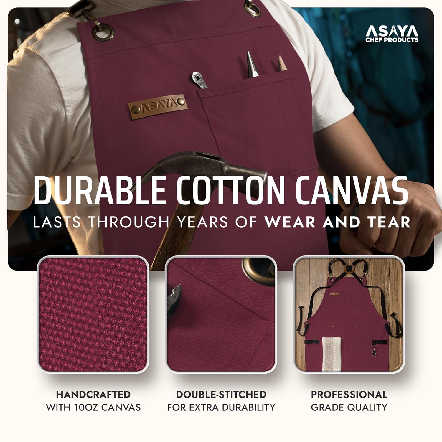 Asaya Asaya Chef, BBQ and Work Apron with Bottle Opener and Hand Towel - Durable 10oz Cotton Canvas, Brass Hardware and Cross Back Straps - For Men, Women, - View 3 of 9