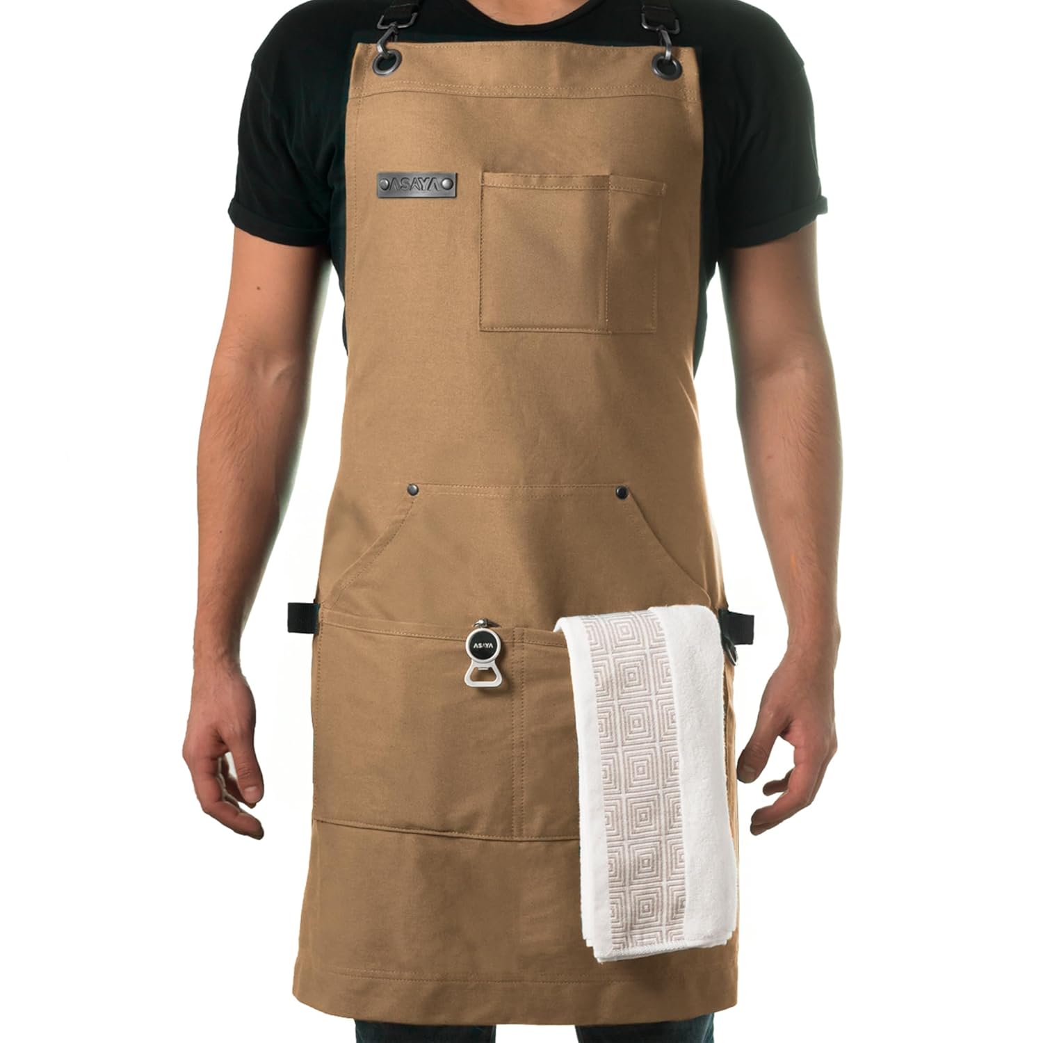 Asaya Asaya Chef, BBQ and Work Apron with Bottle Opener and Hand Towel - Durable 10oz Cotton Canvas, Brass Hardware and Cross Back Straps - For Men, Women, - View 8 of 9