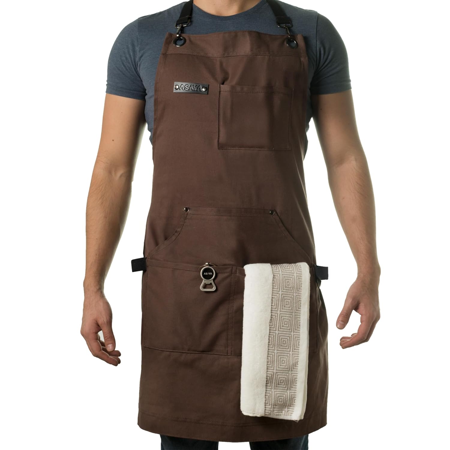 Asaya Asaya Chef, BBQ and Work Apron with Bottle Opener and Hand Towel - Durable 10oz Cotton Canvas, Brass Hardware and Cross Back Straps - For Men, Women, - View 9 of 9