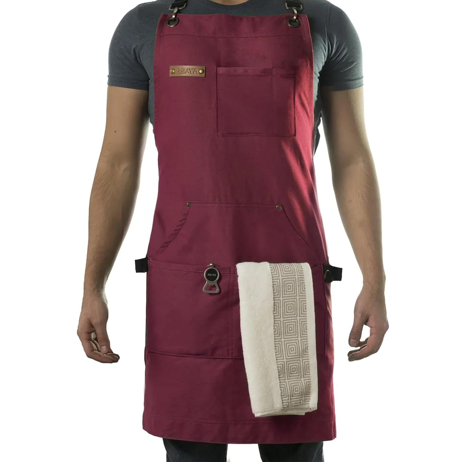 Asaya Asaya Chef, BBQ and Work Apron with Bottle Opener and Hand Towel - Durable 10oz Cotton Canvas, Brass Hardware and Cross Back Straps - For Men, Women,