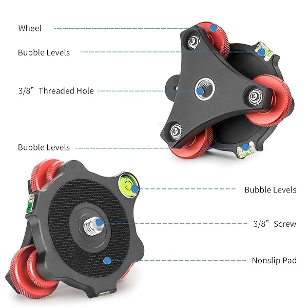 CAVIX CAVIX Camera Leveler Tripod Leveling Base Tri-Wheel Head for Macro Photography Aluminum w Bubble Level 3 Axis Level with +/-5 Degree Precision Adjustment for DSLR Camera Rotator Panoramic Head LP-64 - View 6 of 9