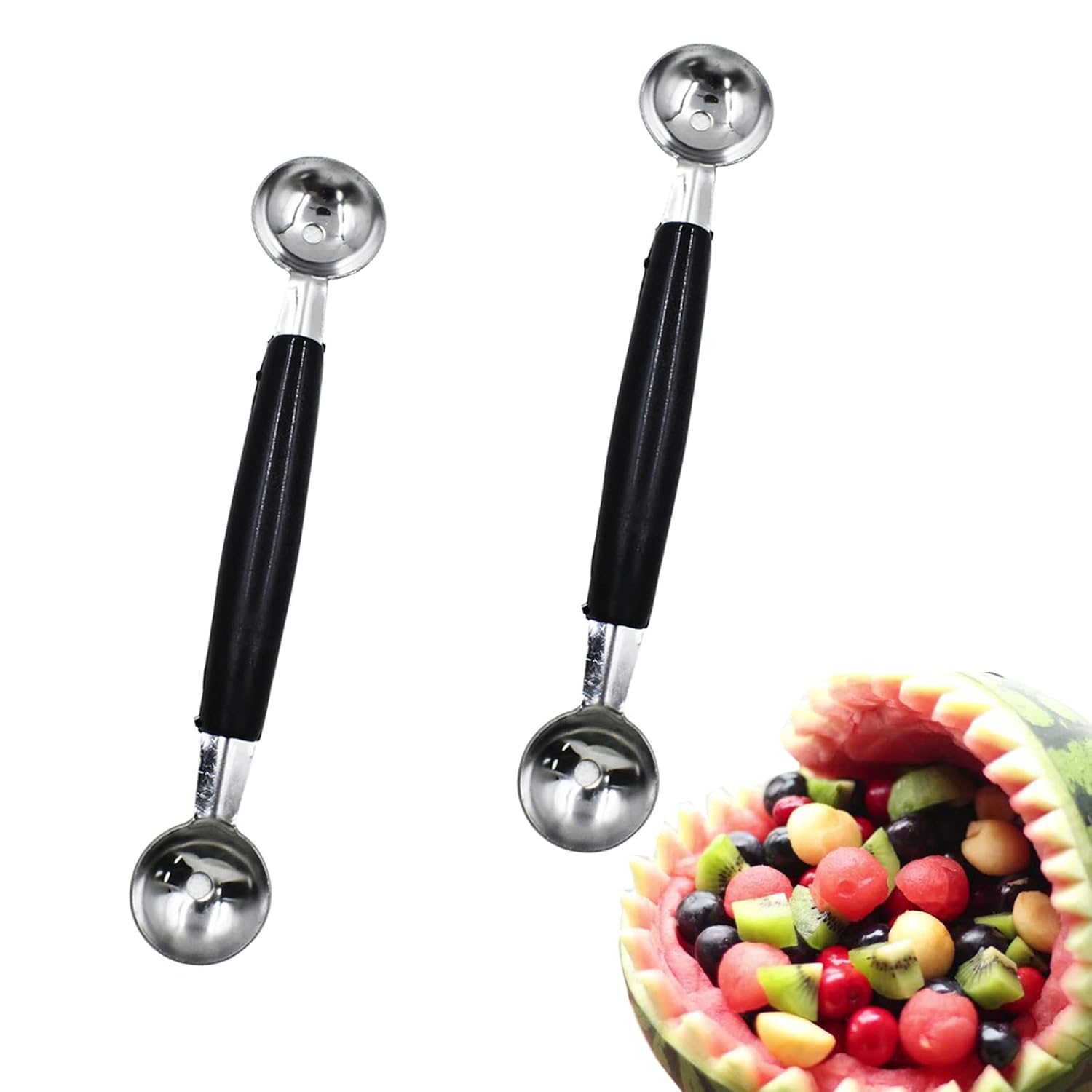 2 Pack Double Ended Headed Fruit Icecream Ball Spoon,Stainless Steel Melon Baller,Smooth Round Melon Balls Melon Scoop for Watermelon Ice Cream