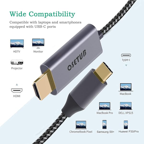 OseTub USB C to HDMI Cable 4K 6ft High Speed Braided Adapter for iPhone 15 Pro MacBook Pro Air iPad Pro Samsung S9 S10 Lenovo Dell and More - View 7 of 8