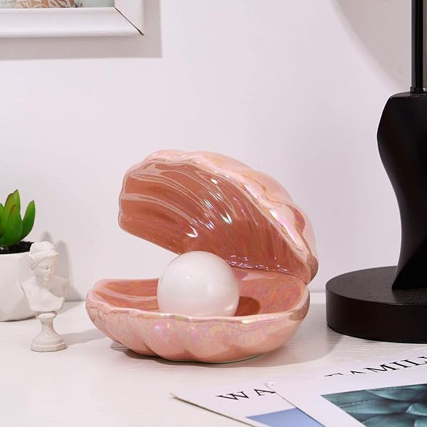 VOSAREA VOSAREA Shell Pearl Light Ceramic Night Light Portable Desktop Ornament for Bedroom Living Room Pink - View 4 of 9
