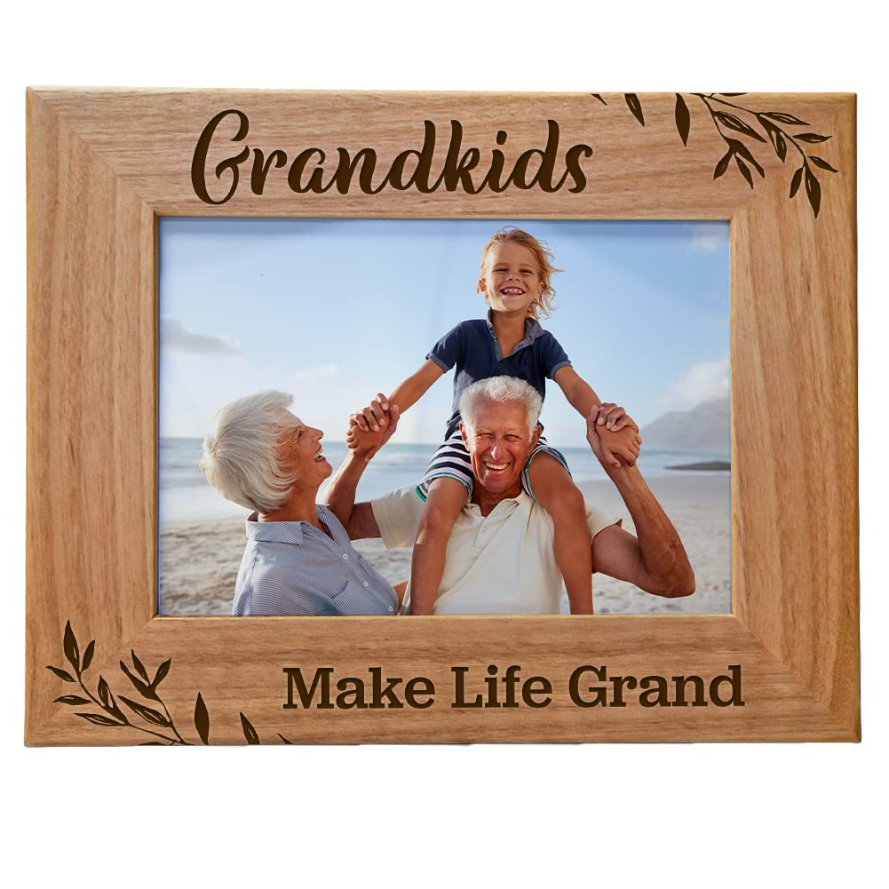 Grandkids Make Life Grand Engraved Natural Wood Photo Frame for Grandparents Day Gift 5x7 Horizontal