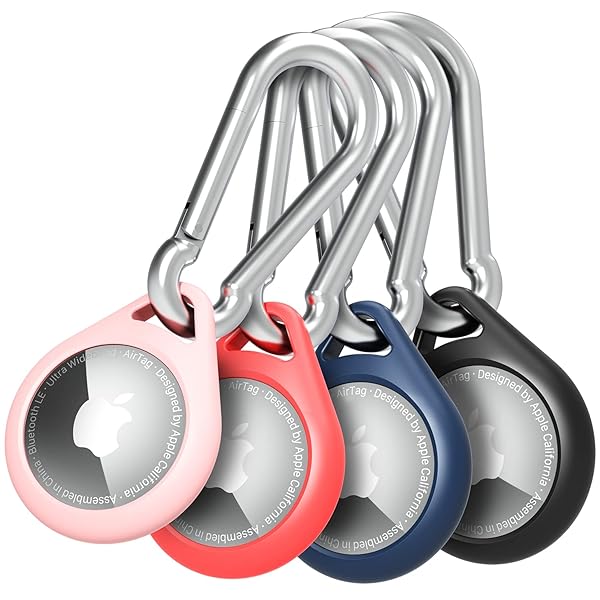 VENA Vena Protective Silicone Case for Apple Airtag 4 Pack with AntiRust Carabiner for Keychain Pet Collar Backpack Luggage Black Red Blue Pink