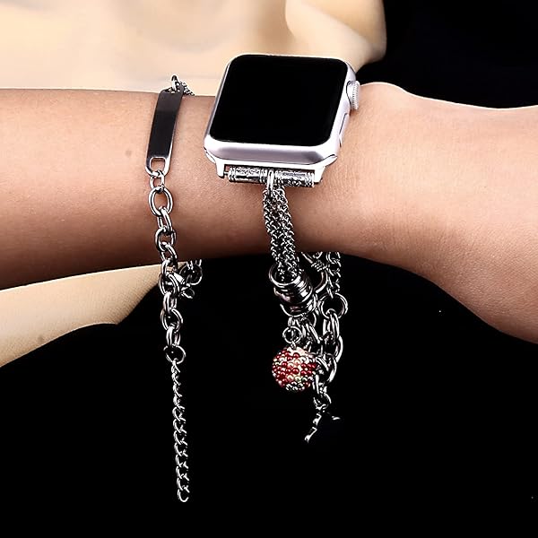 VIIVY VIYIV VIIVY VIYIV Bling Bands for Apple Watch 38mm 40mm 42mm 44mm Women's Rhinestone Charms Double Tour Chain Bracelet Stainless Steel - View 6 of 11