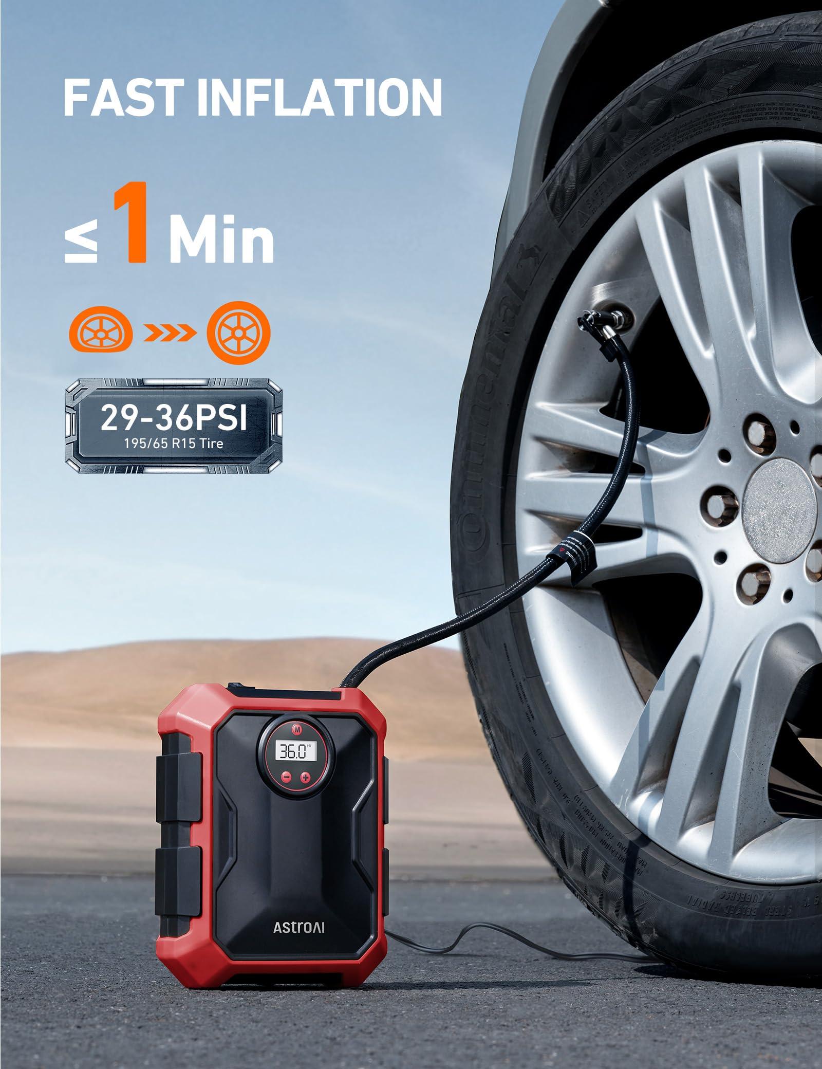 AstroAI AstroAI Portable Air Compressor and Tire Inflator - 12V DC Auto Accessory with LED Light and Digital Display - 100PSI for Car, Bicycle and Other Tires - View 2 of 9