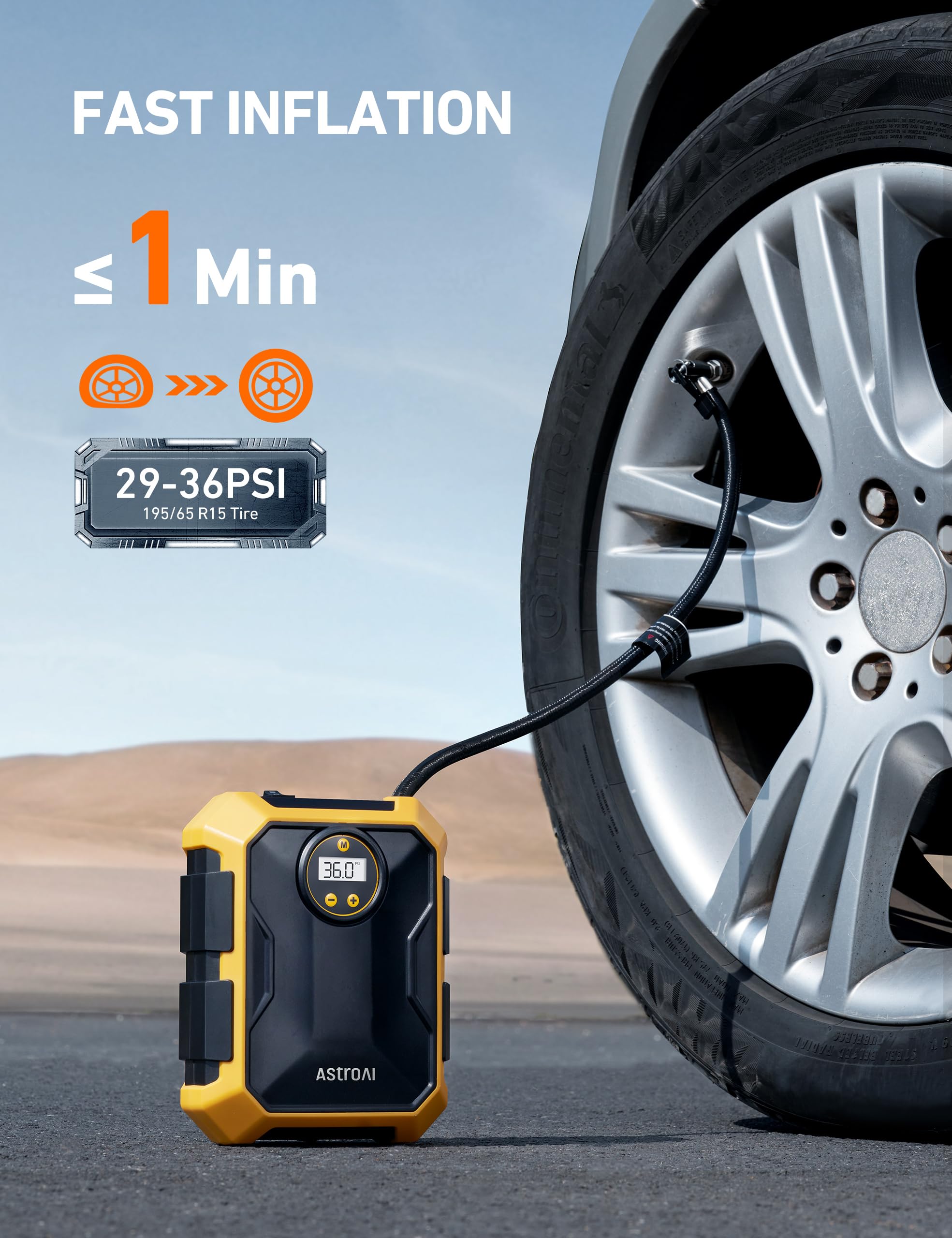 AstroAI AstroAI Tire Inflator Air Compressor 12V DC Portable Air Compressor Car Accessories Auto Tire Pump 100PSI with LED Light Digital Air Pump for Car - View 3 of 9