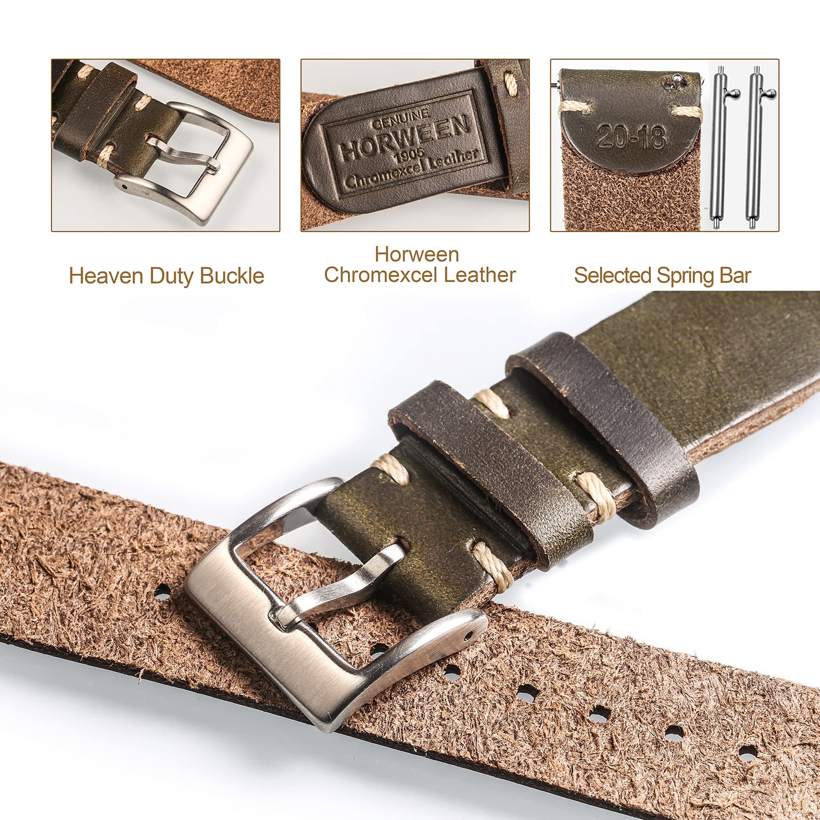 hemsut h hemsut h 20mm Leather Watch Bands for Men, Thin Soft Horween Leather Watch Strap Quick Release Vintage Watch Wrap - View 4 of 6